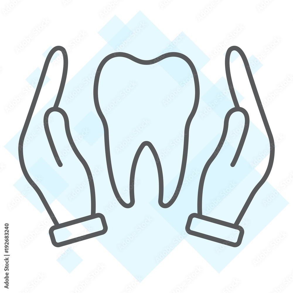 Obraz premium Hands holding tooth thin line icon, stomatology and dental, dental care sign vector graphics, a linear pattern on a white background, eps 10.