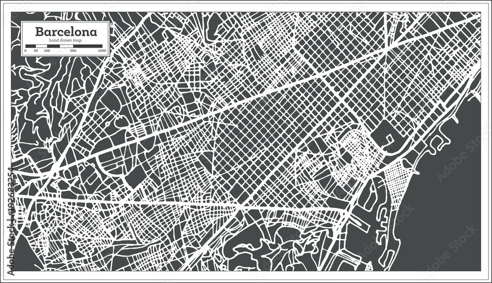 Barcelona Spain City Map in Retro Style. Outline Map.