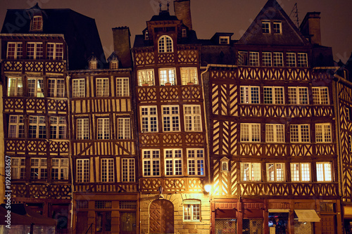 Row of crooked medieval houses in Rennes city, France.