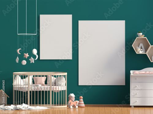 Interior of the childroom. sleeping place. 3d illustration. Mock up poster