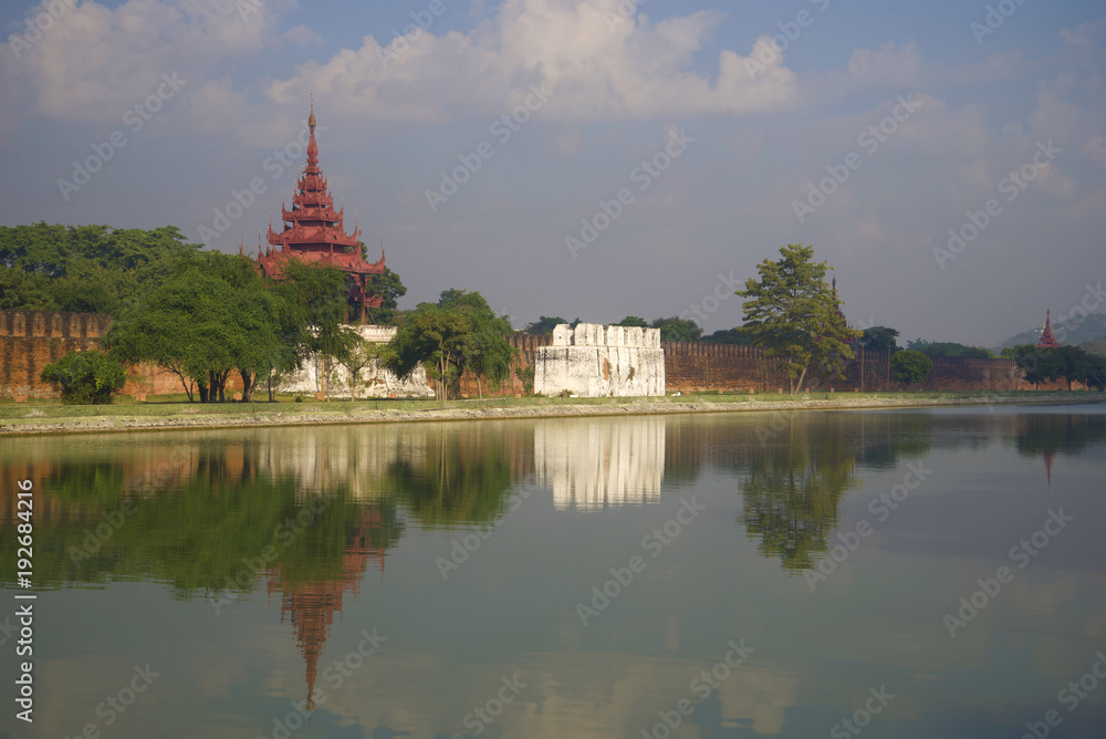 Defensive wall of the Old City in the morning haze. Mandalay, Myanmar