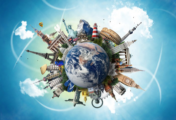 Travel, world landmarks on the background of blue sky