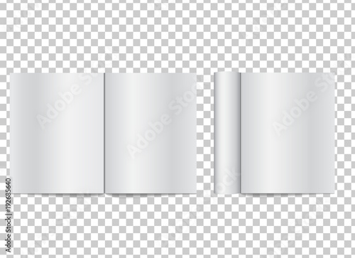 Realistic blank open magazine with rolled white paper pages on transparent background. Empty booklet, catalog template, mock up. Vector book, journal, brochure with curl back sheets for your design