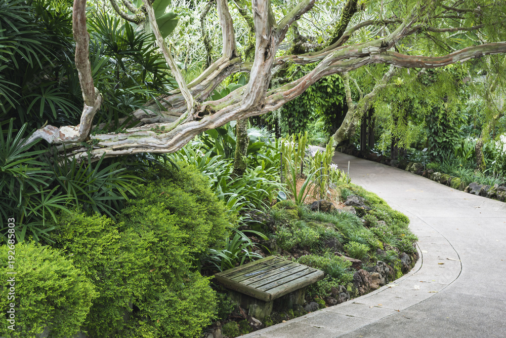 Obraz premium mała ławka w ogrodzie