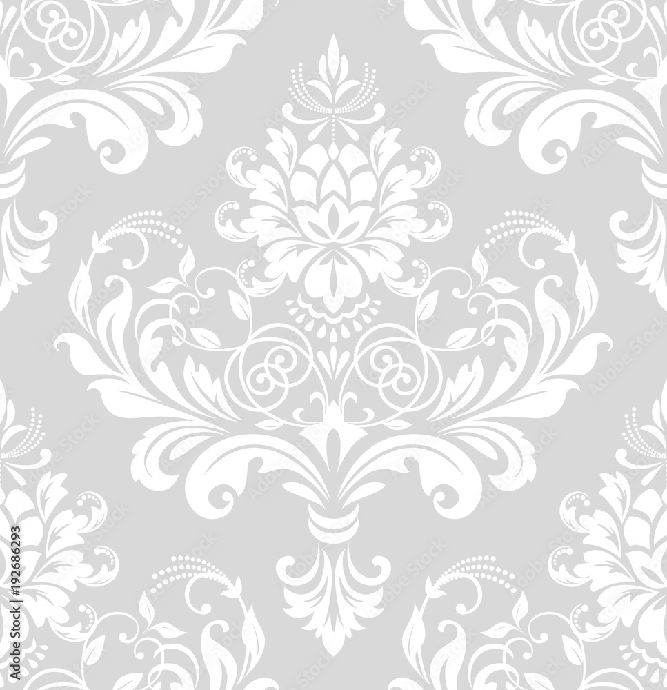 Floral pattern. Wallpaper baroque, damask. Seamless vector background. White and grey ornament