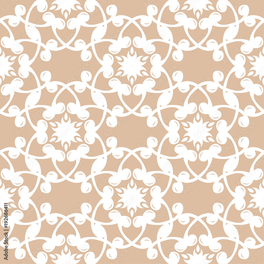 White floral seamless pattern on beige background White floral seamless pattern on beige background