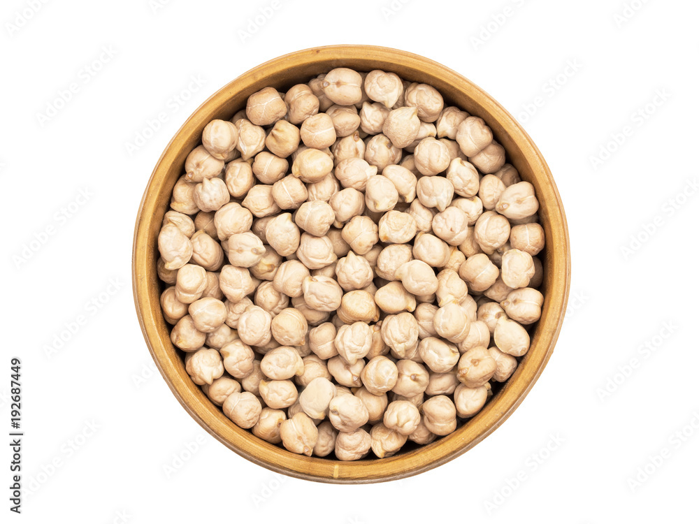 Close up of wooden bowl with dried chickpeas seen from above isolated on white background Close up of wooden bowl with dried chickpeas seen from above isolated on white background
