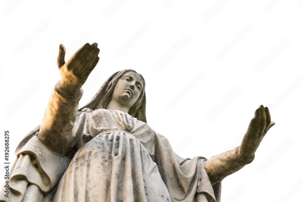 Obraz premium Statue of Our Lady on white background with open arms, seen from below. Concept and symbol of peace, religion, hope, mercy and faith