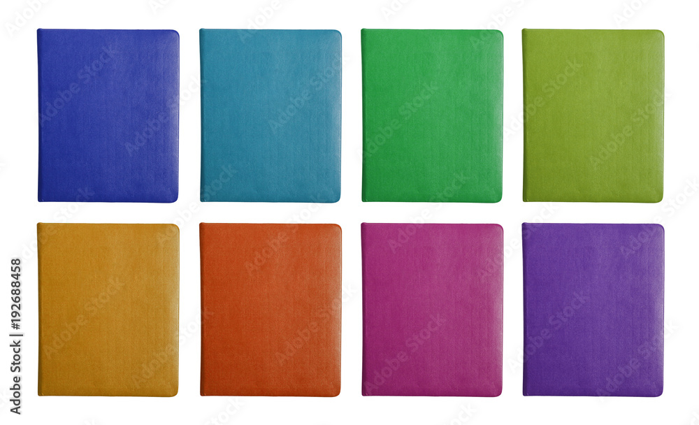 Set of 8 leather notebook covers in various colors isolated on white backgorund