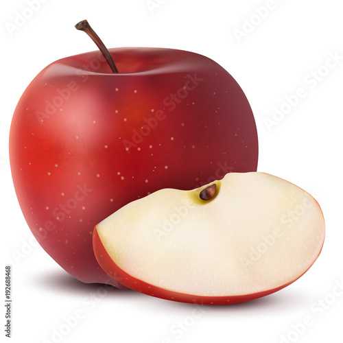 Realistic 3d vector ripe red apple with a texture on a white background with a juicy slice.