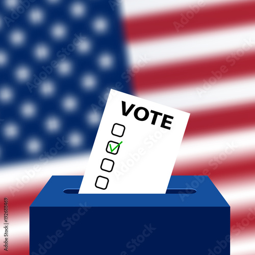 Elections to US Senate in 2018, preparation of vote against the background of a blurred American flag. 