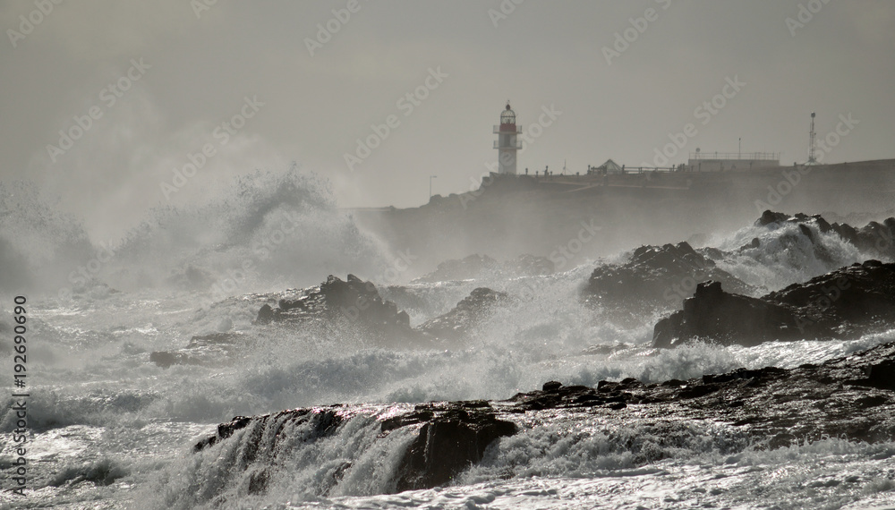 Coast of Gran canaria with strong swell and lighthouse, La Garita, Canary islands