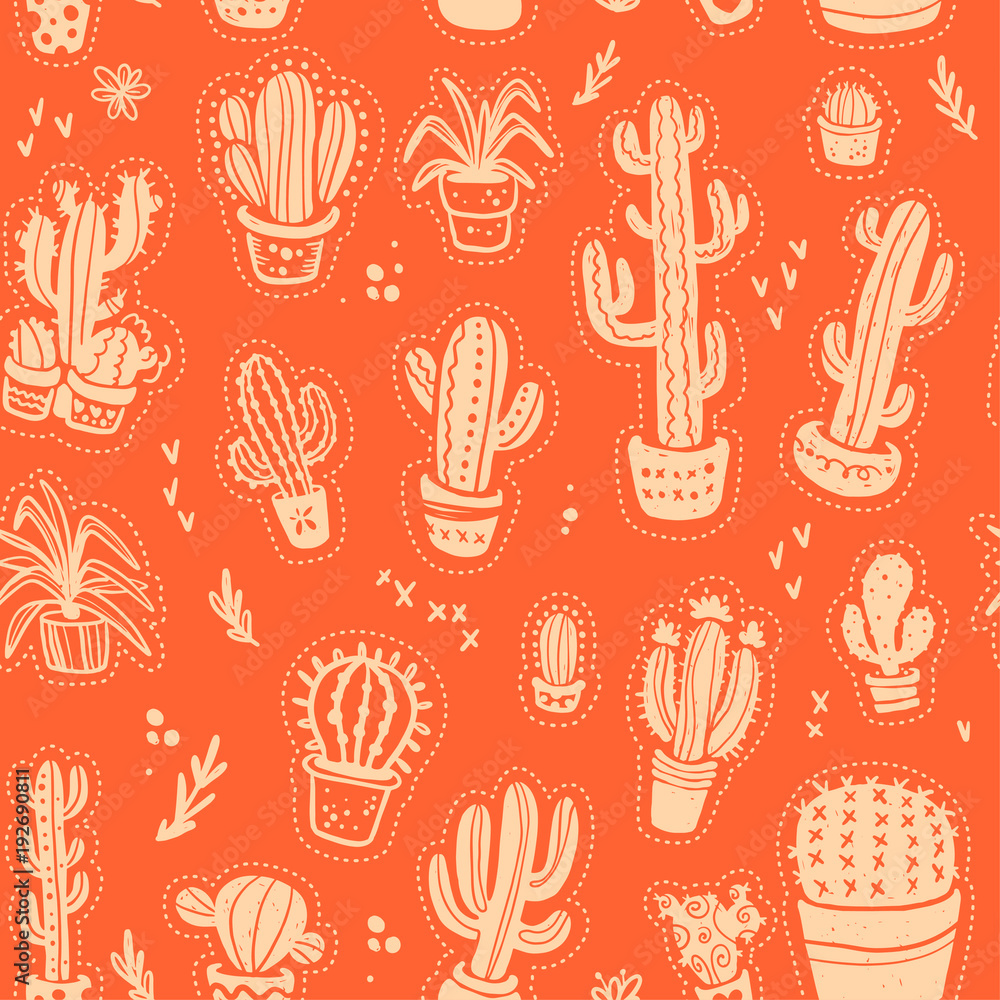 Fototapeta premium Vector seamless pattern with hand drawn cactus elements isolated on orange background. Floral desert ornament, sketch, doodle style. Cacti icon. Perfect for cards, banners, packaging paper, prints etc