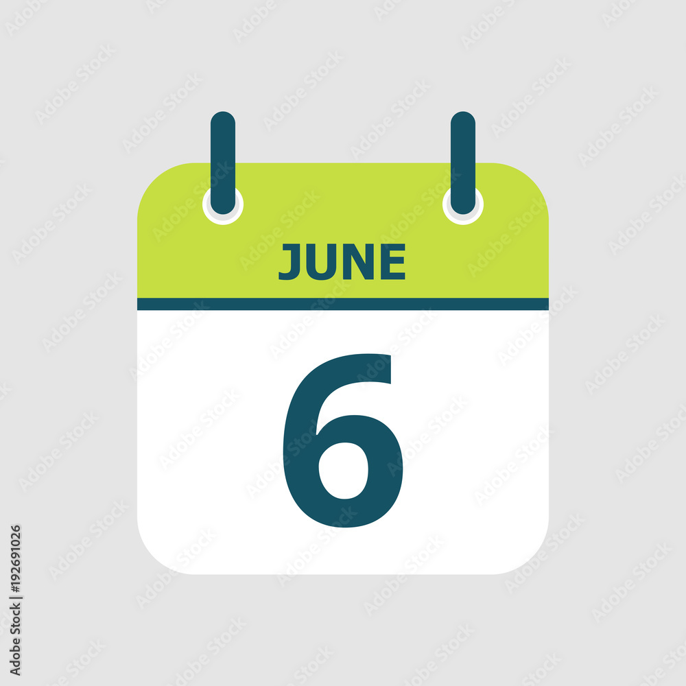Flat icon calendar 6th of June isolated on gray background. Vector illustration. Flat icon calendar 6th of June isolated on gray background. Vector illustration.