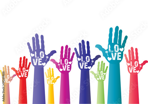 colorful hands with hearts and word of love  - free space