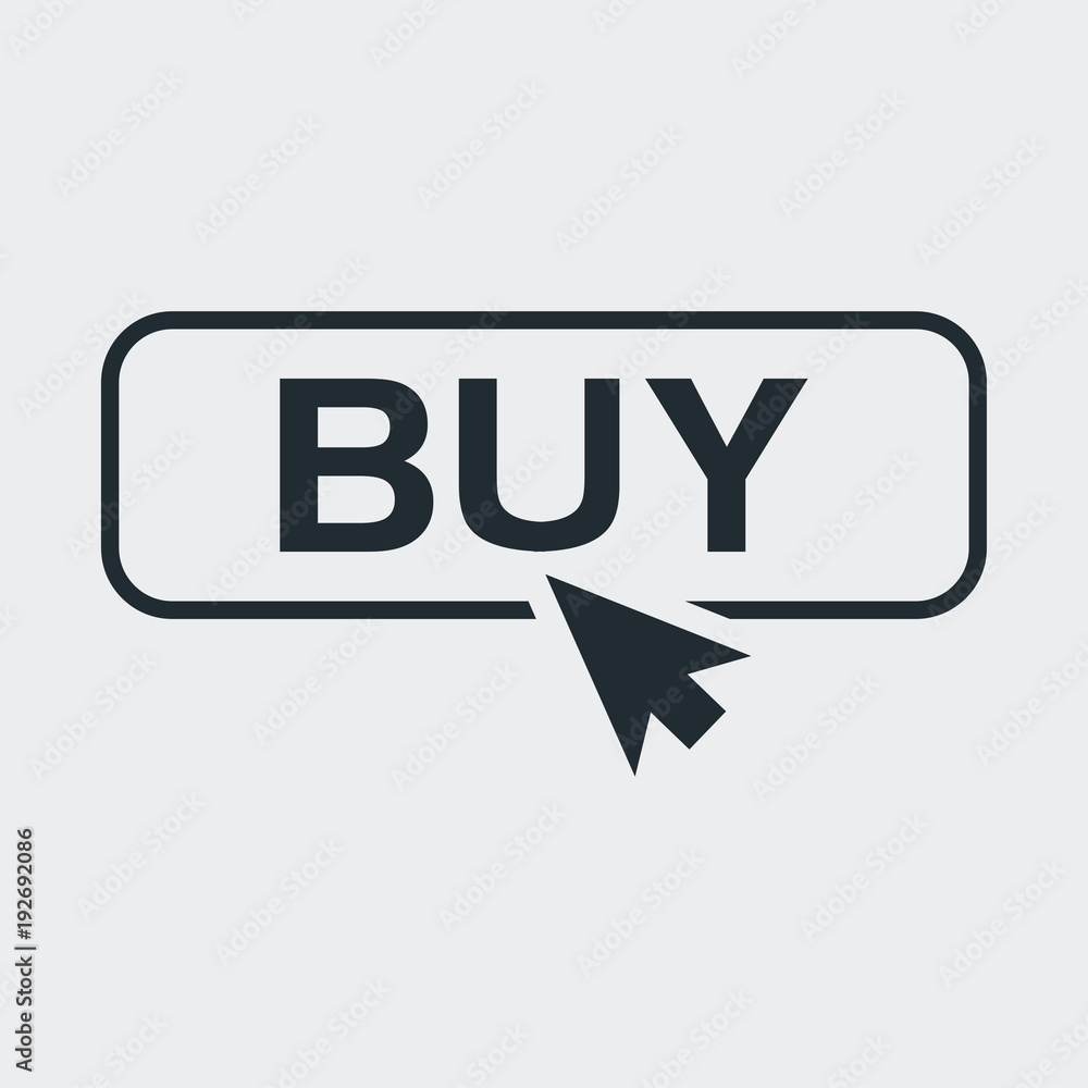 Icono plano puntero en banner BUY en fondo gris Icono plano puntero en banner BUY en fondo gris