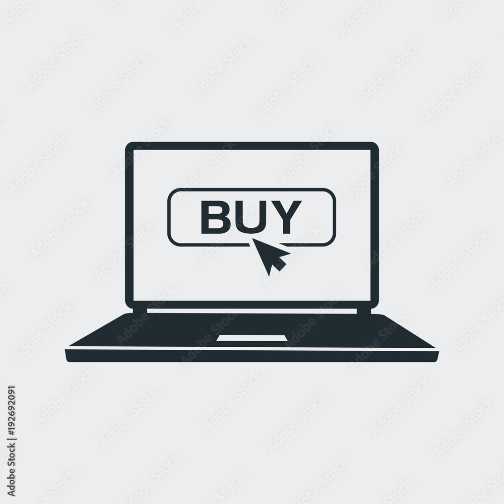 Icono plano puntero en banner BUY en portatil en fondo gris Icono plano puntero en banner BUY en portatil en fondo gris