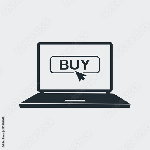 Icono plano puntero en banner BUY en portatil en fondo gris