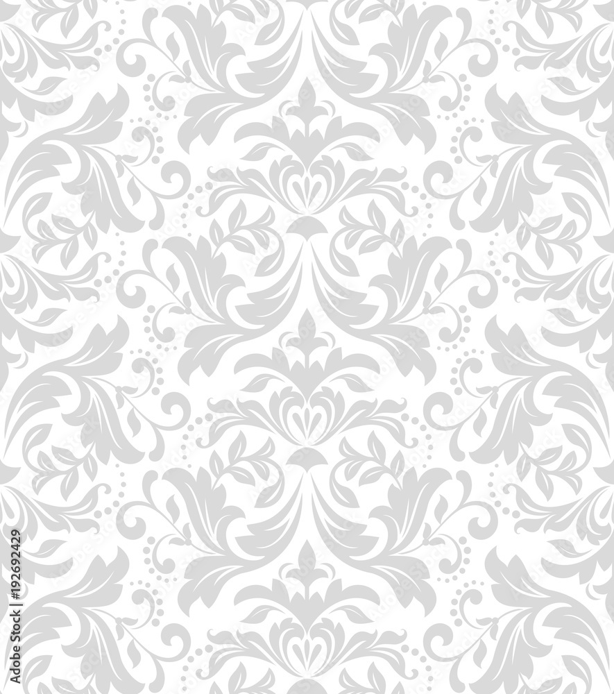 Floral pattern. Wallpaper baroque, damask. Seamless vector background. White and grey ornament