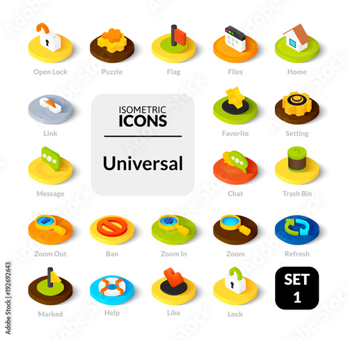 Color icons set in flat isometric illustration style, vector collection