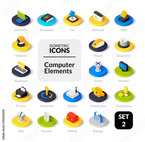 Color icons set in flat isometric illustration style, vector collection