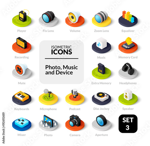 Color icons set in flat isometric illustration style, vector collection