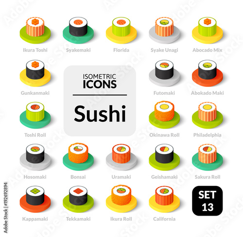 Color icons set in flat isometric illustration style, vector collection