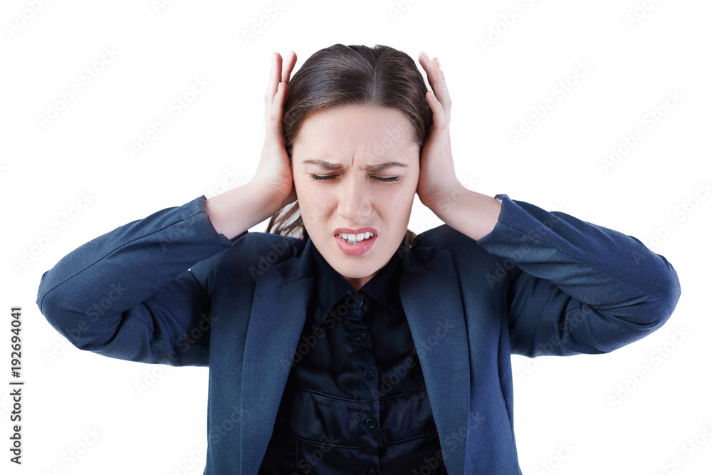 Frustrated and stressed young businesswoman in suit isolated on white background. Frustrated and stressed young businesswoman in suit isolated on white background.