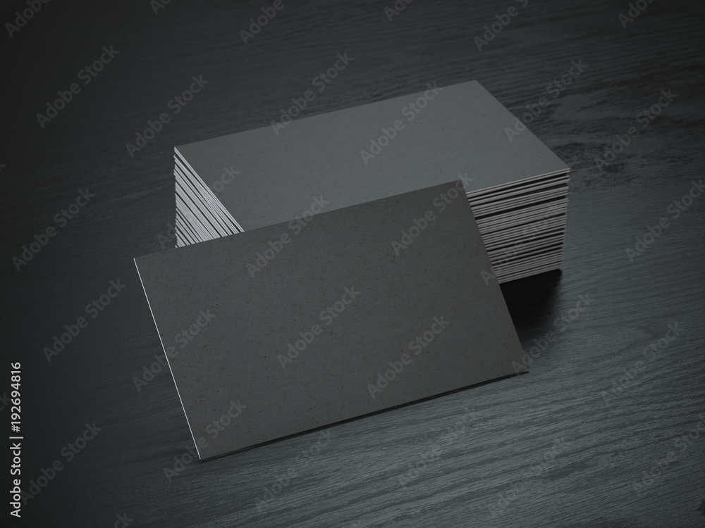 Stack of black blank business cards mockup on black wood table background,  Stock Illustration