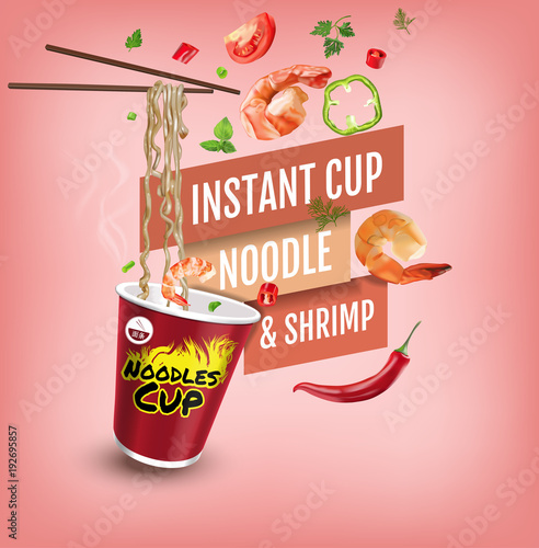 Vector realistic illustration of instant cup noodles with shrimps.