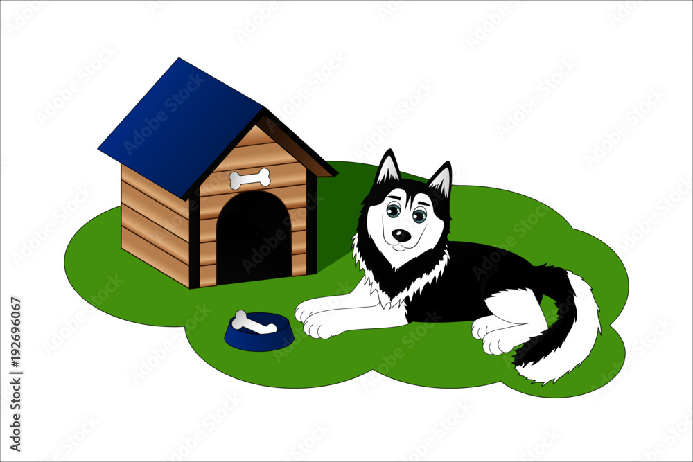 Obraz Cute cartoon husky next to dog house