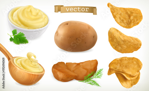 Potato, mash and chips. Vegetable. 3d vector icon set