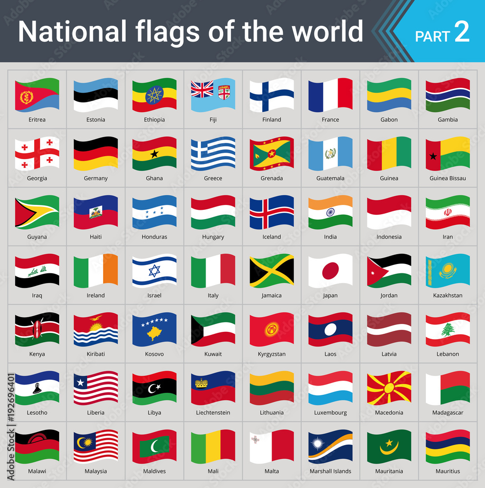 Waving flags of the world part 2. Collection of flags - full set of national flags isolated on gray background. - obrazy, fototapety, plakaty 