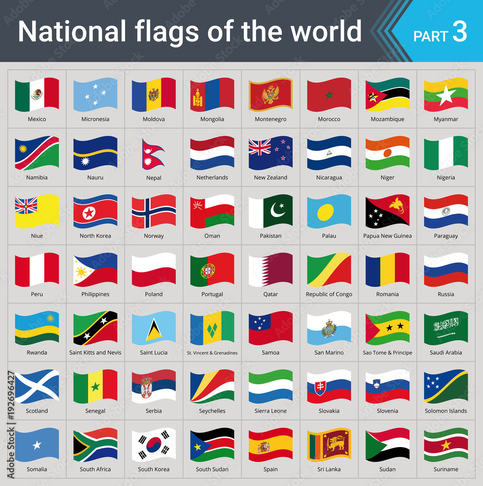 Waving flags of the world part 3. Collection of flags - full set of national flags isolated on gray background. - obrazy, fototapety, plakaty 