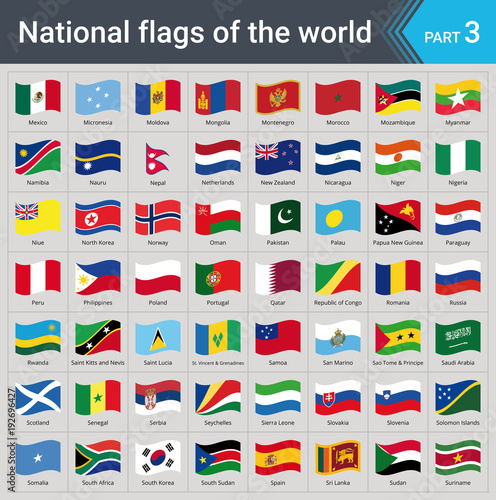 Waving flags of the world part 3. Collection of flags - full set of national flags isolated on gray background.