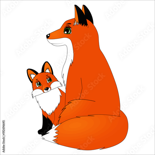 Cute cartoon mother fox with baby