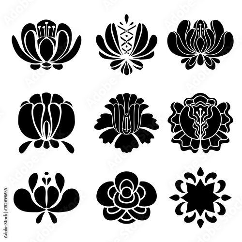 Set hand drawn black silhouettes flowers