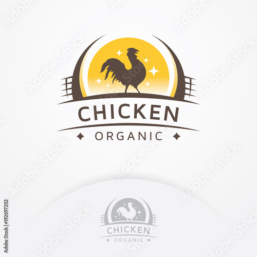 Chicken organic logo. Rooster badge, emblem or logo design. Chicken meat and eggs. Farms logo template
