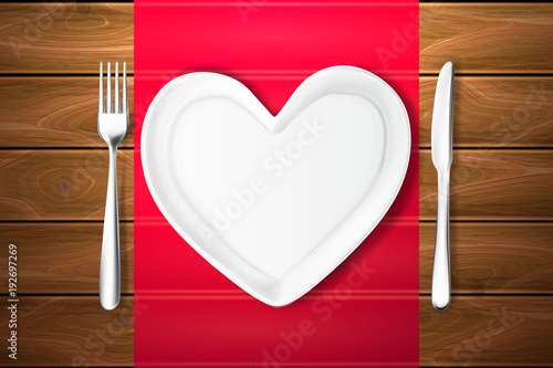 Vector plate shape heart, knife, fork wood texture