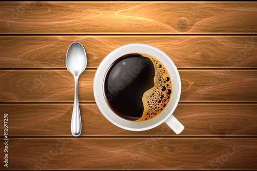 Vector realistic cup coffee spoon wooden texture