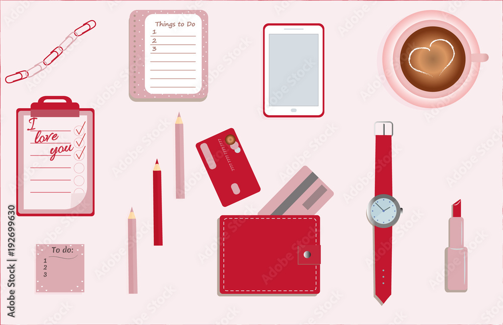 Stationary. A planner. To do lists. A cup of coffee. Pencils. A wallet. Wrist watch. Credit cards. Mobile phone. Clips. A lipstick. Vector illustration. Stationary. A planner. To do lists. A cup of coffee. Pencils. A wallet. Wrist watch. Credit cards. Mobile phone. Clips. A lipstick. Vector illustration.