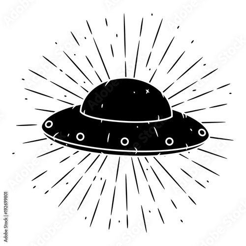 Vector illustration with a UFO and divergent rays on blackboard. Used for poster, banner, web, t-shirt print, bag print, badges, flyer, logo design and more. Cartoon UFO