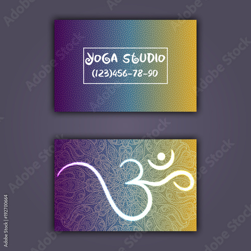 Business card for yoga studio or yoga instructor. Ethnic background with mandala ornament and ohm