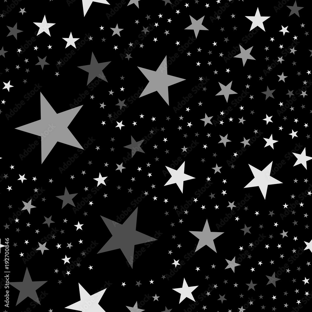 White stars seamless pattern on black background. Surprising endless random scattered white stars festive pattern. Modern creative chaotic decor. Vector abstract illustration. White stars seamless pattern on black background. Surprising endless random scattered white stars festive pattern. Modern creative chaotic decor. Vector abstract illustration.