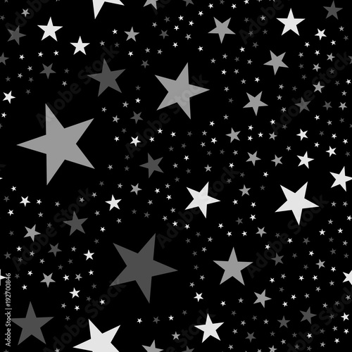 White stars seamless pattern on black background. Surprising endless random scattered white stars festive pattern. Modern creative chaotic decor. Vector abstract illustration.