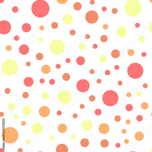 Colorful polka dots seamless pattern on white 21 background. Sublime classic colorful polka dots textile pattern. Seamless scattered confetti fall chaotic decor. Abstract vector illustration.