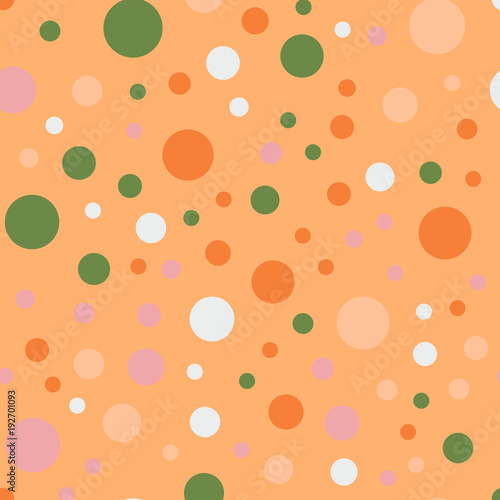 Colorful polka dots seamless pattern on bright 14 background. Cute classic colorful polka dots textile pattern. Seamless scattered confetti fall chaotic decor. Abstract vector illustration.