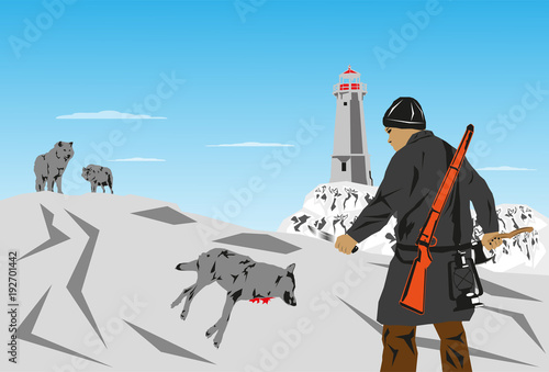 A lone hunter of wolves. Vector illustration.