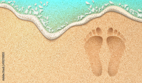 Vector realistic human footprint on sea beach sand