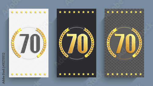 70 years anniversary decorated cards with golden elements.